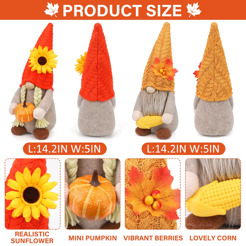 2 Pack Thanksgiving Gnomes  - Fall Decorations Gnomes Hold Pumpkin & Corn