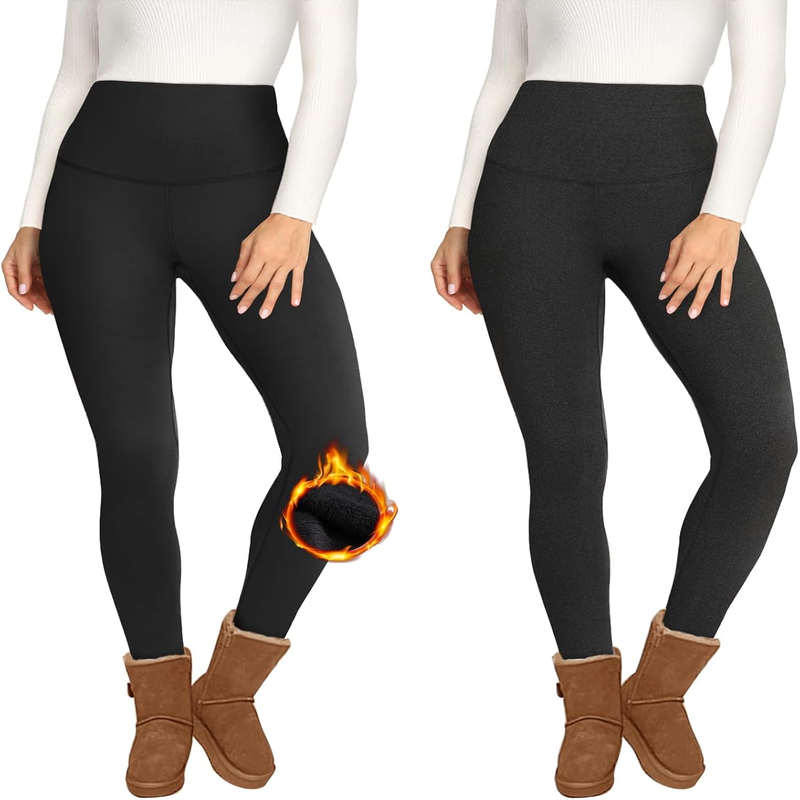 2 Pack Fleece Lined High Waisted Leggings for Women - Warm Winter Pants Tummy Control 