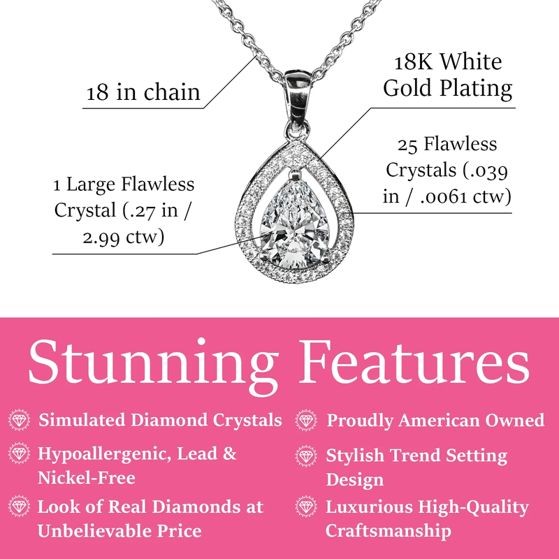 18k Plated Silver CZ Pendant Necklace - Halo Teardrop