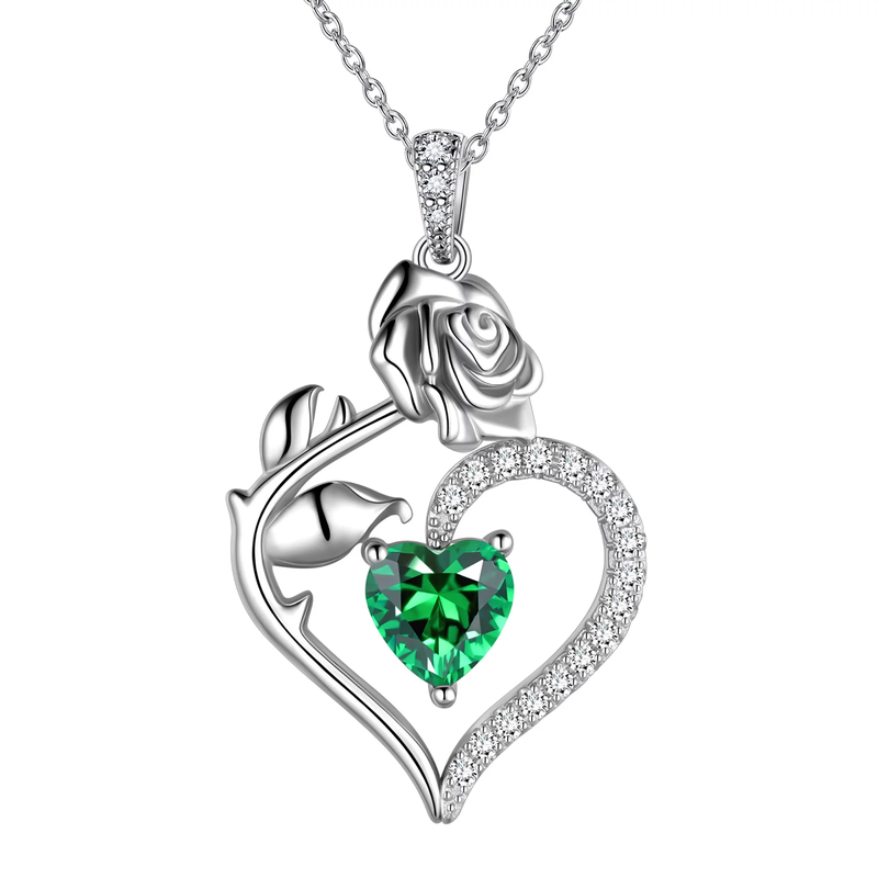 925 Sterling Silver Birthstone Necklace - Heart Rose Pendant