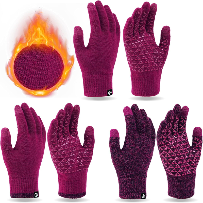 3 Pairs Winter Gloves - Touch Screen Elastic Knit Thermal Anti-Slip Gloves 