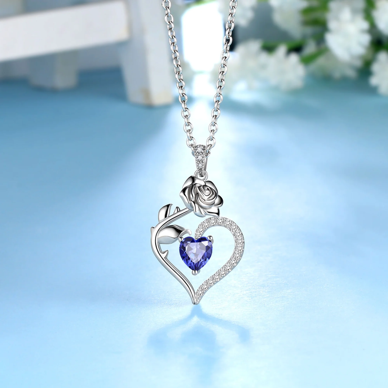 925 Sterling Silver Birthstone Necklace Rose Flower Heart Pendant