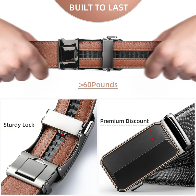 Men's Ratchet Belt - 1 3/8" Genuine Leather Dress Belt with Sliding Adjustable Buckle