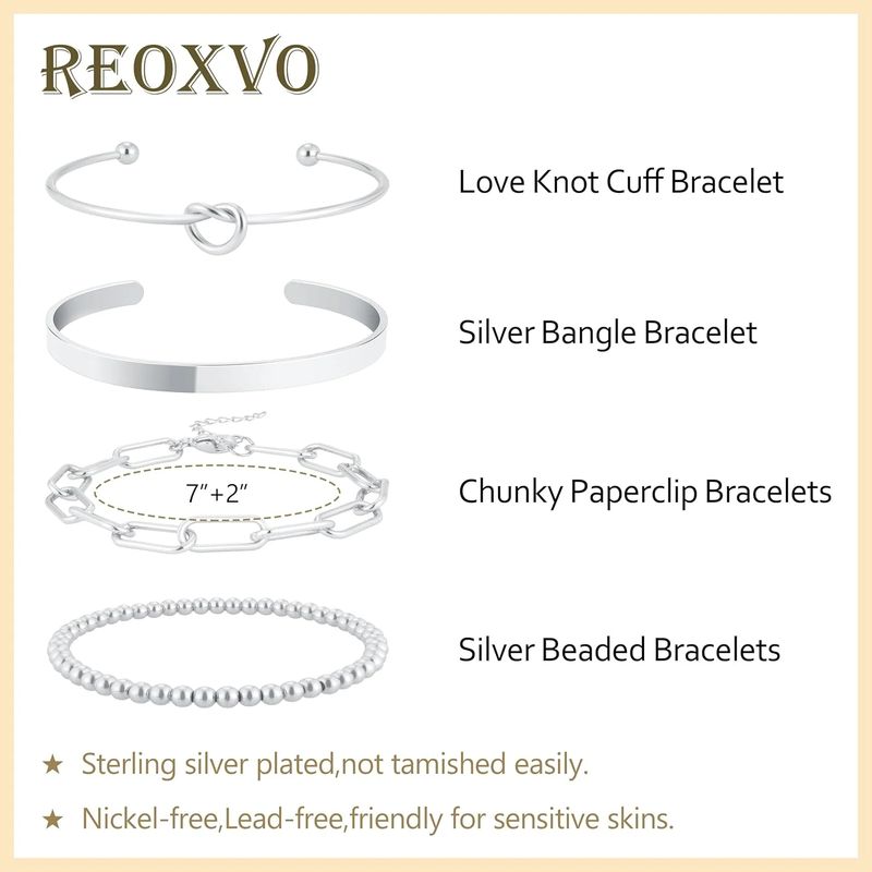 14K Gold/Silver Plated Stackable Charm Bangle Cuff Bracelet Set for Women, Non-Tarnish