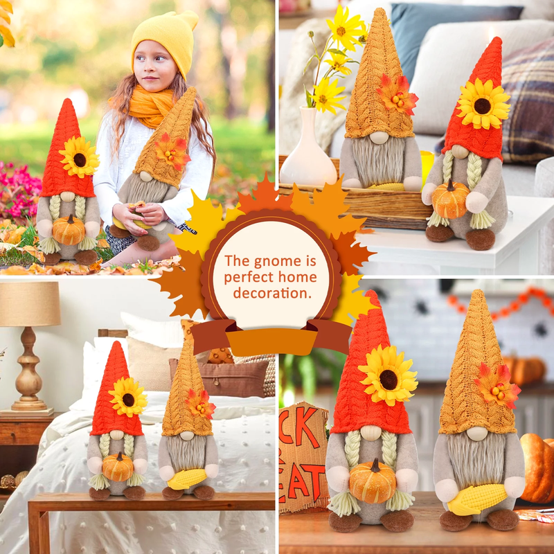 2 Pack Thanksgiving Gnomes  - Fall Decorations Gnomes Hold Pumpkin & Corn