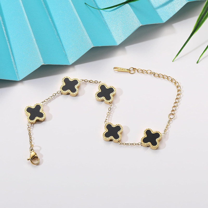 18K Gold Plated Bracelet Set - Gold/White/Black Clovers