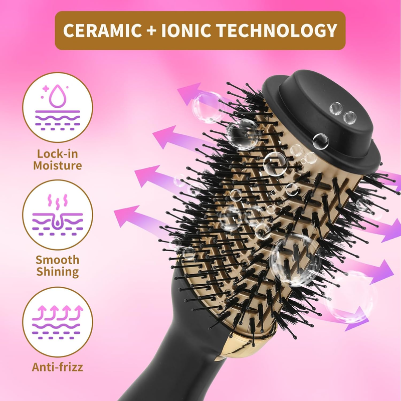 Hot Air Brush Dryer, Oval Brush for Blow Drying, Hair Dryer Brush One-Step Hot Air Styling Tools, 1000W, Ceramic Coating, 3 Heat Settings, 360 Swivel Cord, Black & Gold