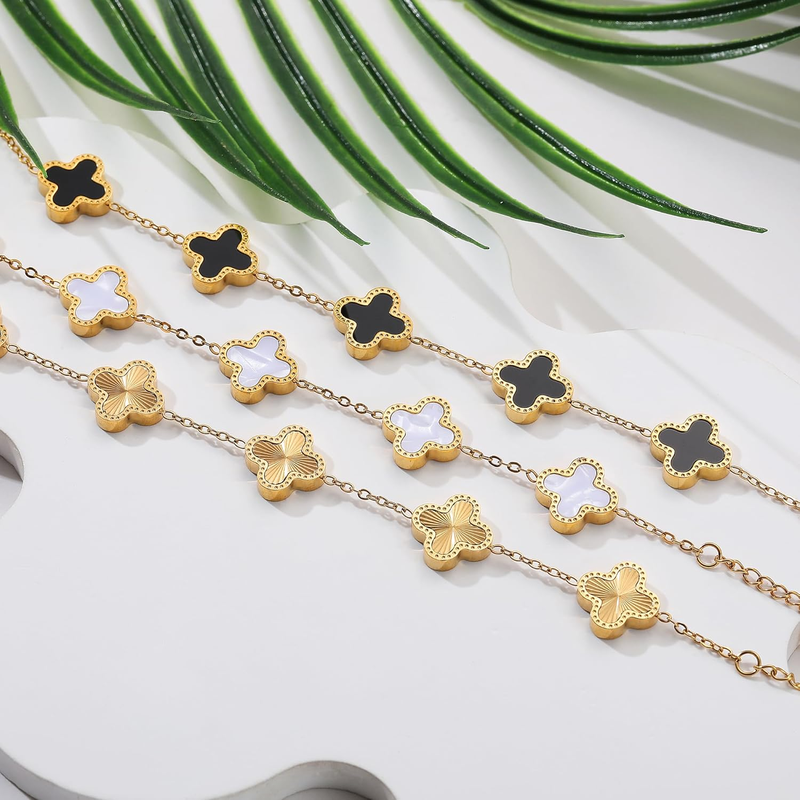 18K Gold Plated Bracelet Set - Gold/White/Black Clovers