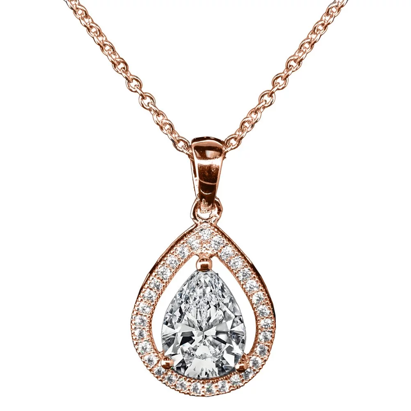 18k Plated Silver CZ Pendant Necklace - Halo Teardrop