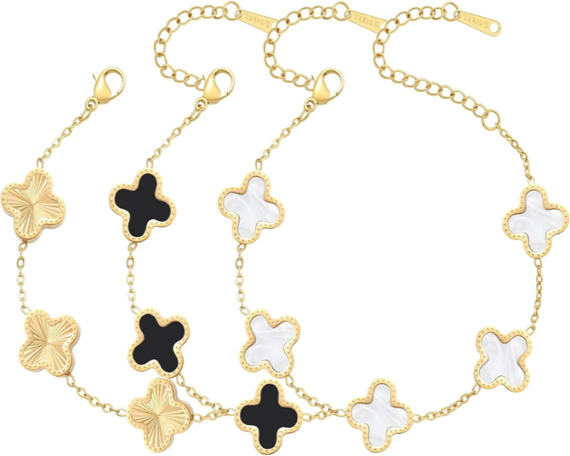 18K Gold Plated Bracelet Set - Gold/White/Black Clovers