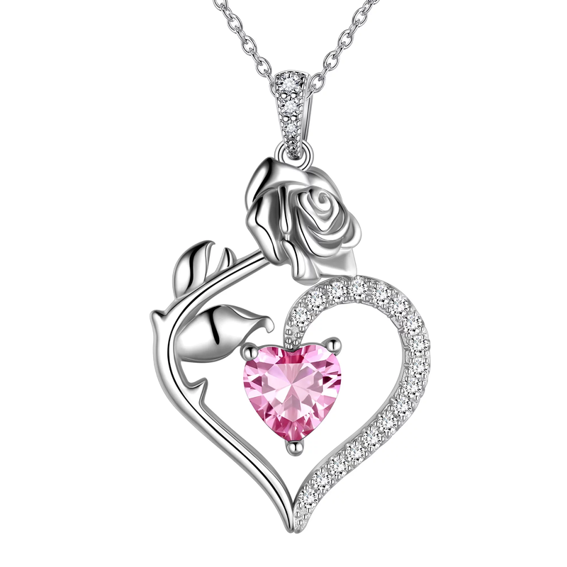 925 Sterling Silver Birthstone Necklace - Heart Rose Pendant