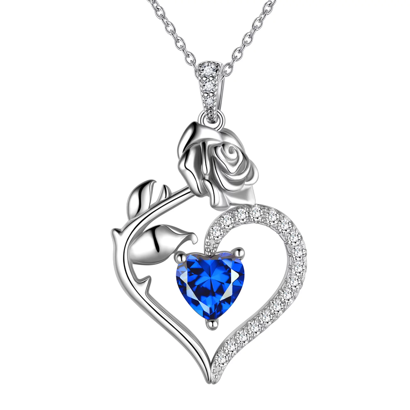 925 Sterling Silver Birthstone Necklace - Heart Rose Pendant