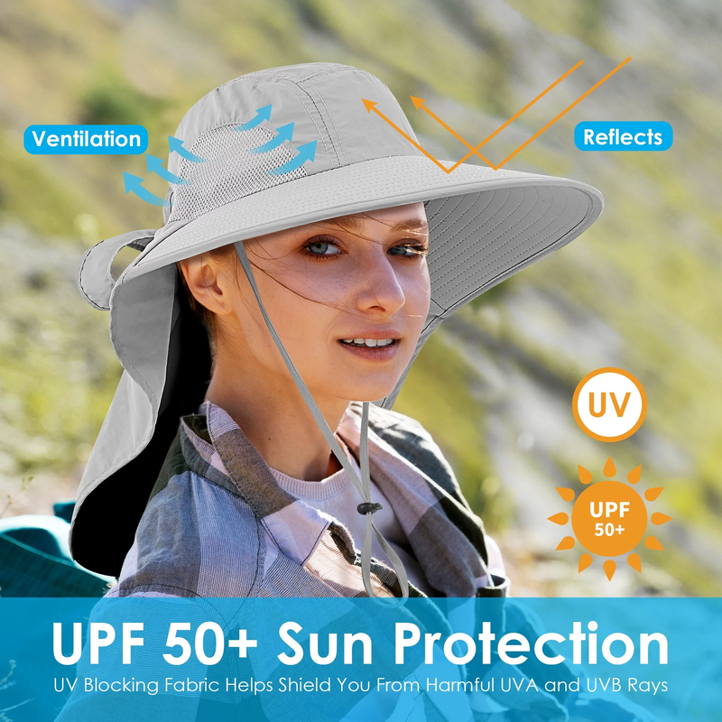 Women's Nylon UPF Protection Sun Hat - Fishing Bucket Hat with Neck Flap