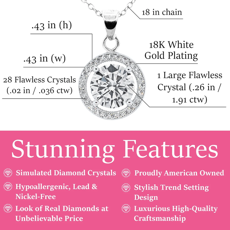 18k White Gold Plated Halo Pendant Necklace with Crystals