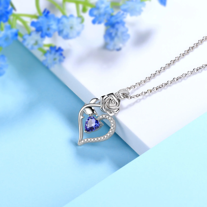 925 Sterling Silver Birthstone Necklace Rose Flower Heart Pendant