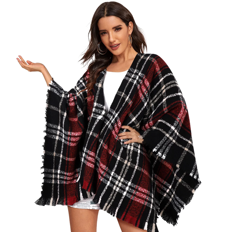 Women's Boho Poncho Shawl Wrap - Knitted Plaid