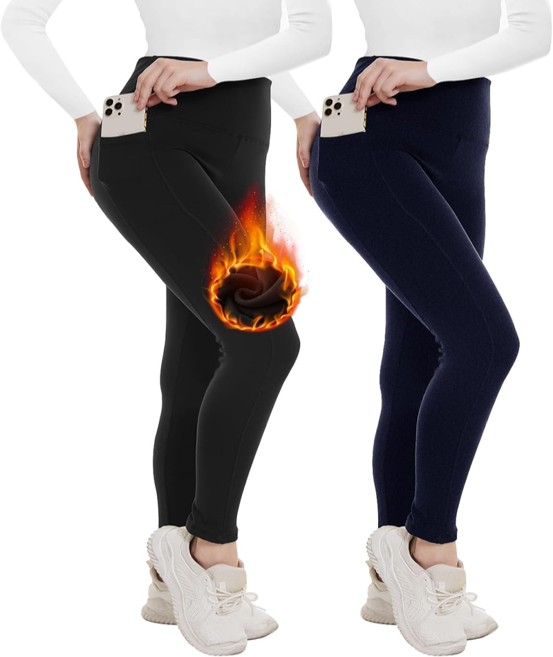 2 Pack Fleece Lined High Waisted Leggings for Women - Warm Winter Pants Tummy Control 