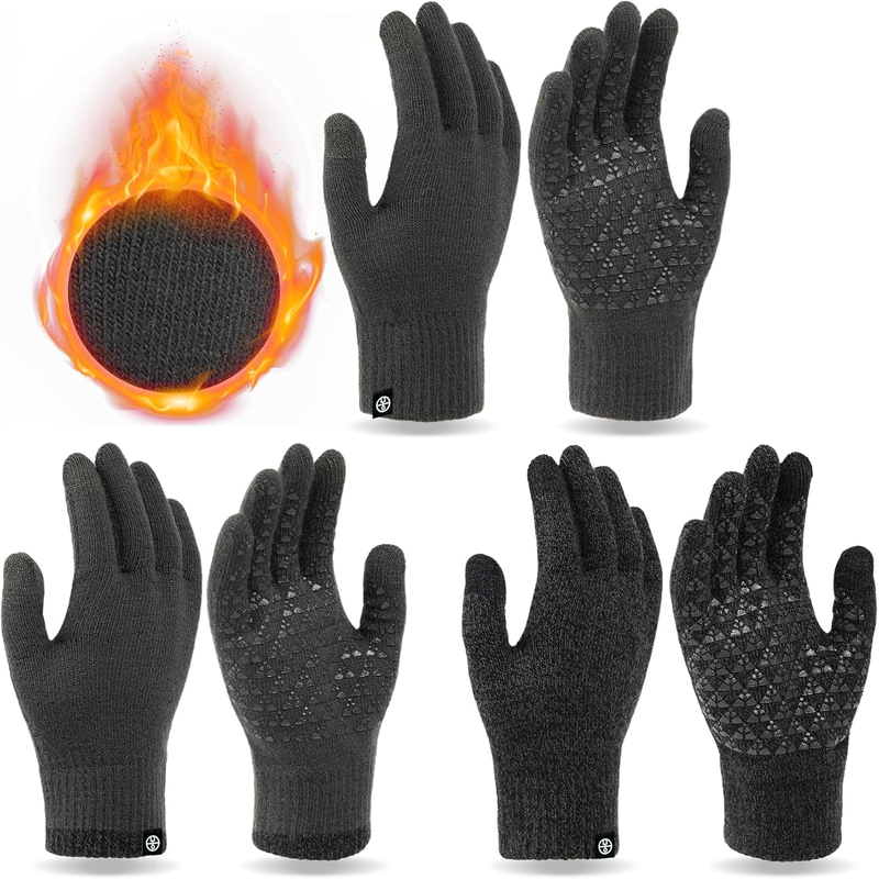 3 Pairs Winter Gloves - Touch Screen Elastic Knit Thermal Anti-Slip Gloves 