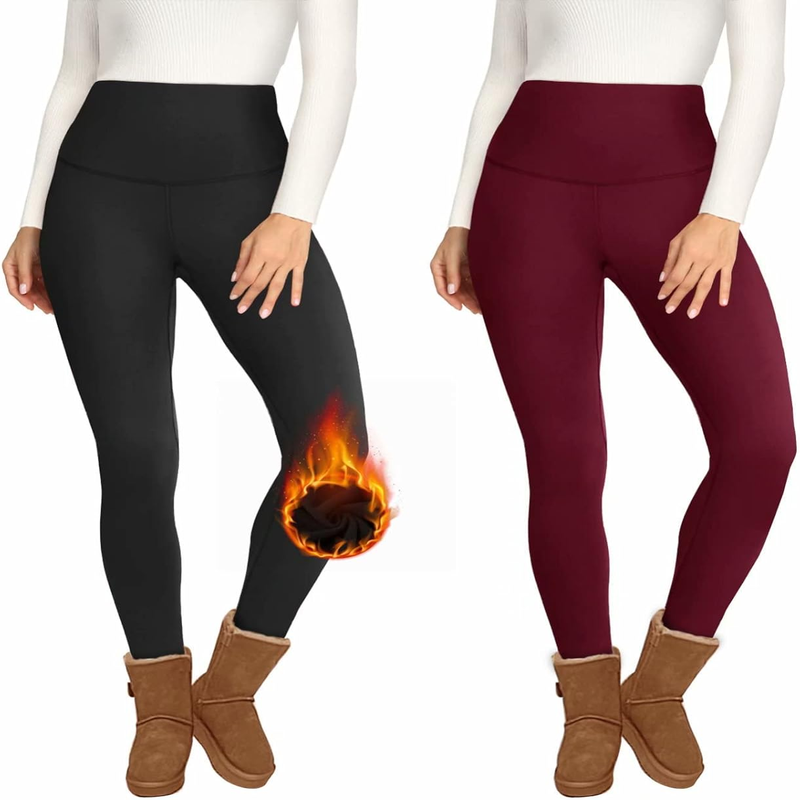 2 Pack Fleece Lined High Waisted Leggings for Women - Warm Winter Pants Tummy Control 