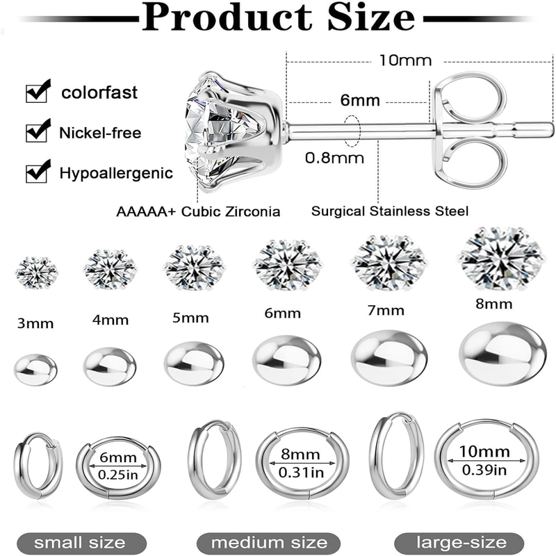  15 Pairs Hypoallergenic Surgical Stainless Steel Earrings