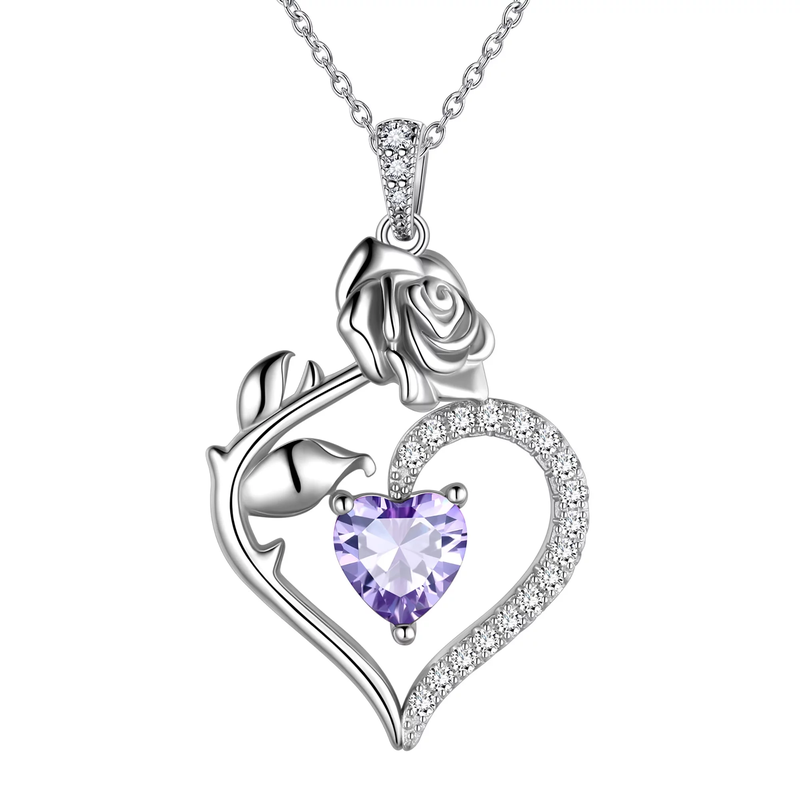 925 Sterling Silver Birthstone Necklace - Heart Rose Pendant