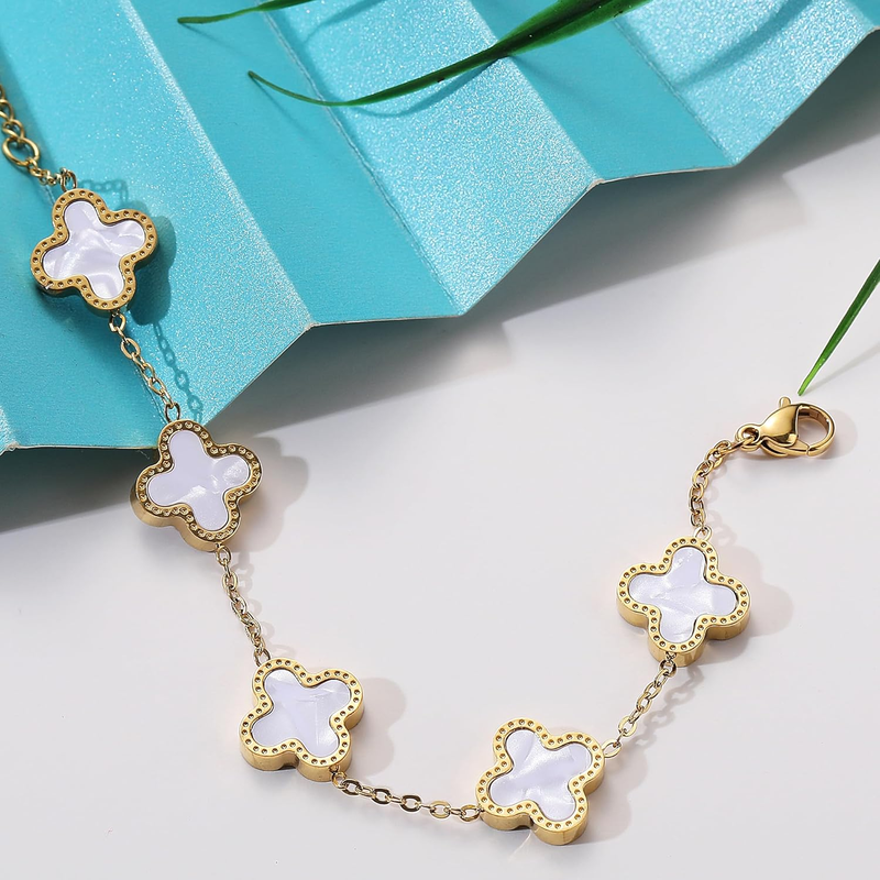 18K Gold Plated Bracelet Set - Gold/White/Black Clovers