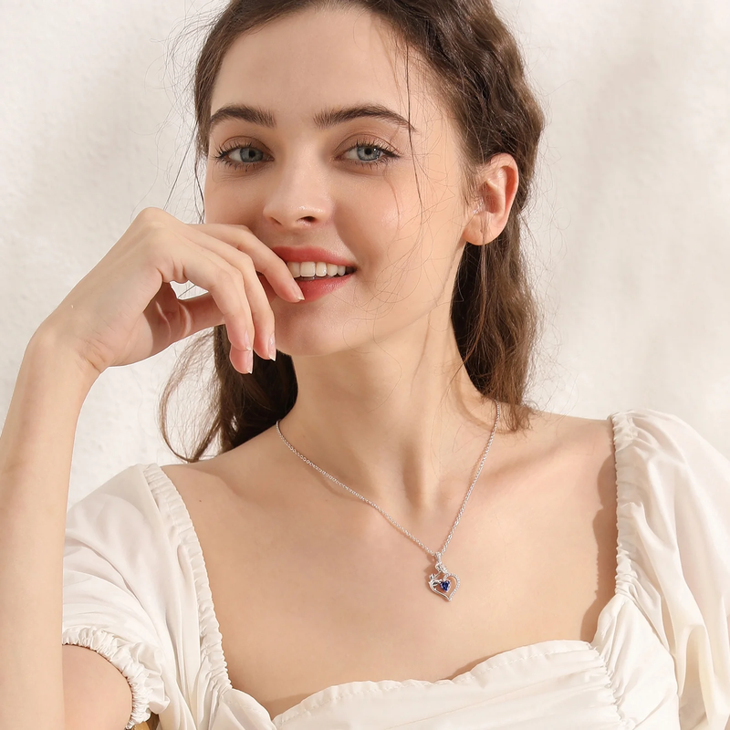 925 Sterling Silver Birthstone Necklace - Heart Rose Pendant