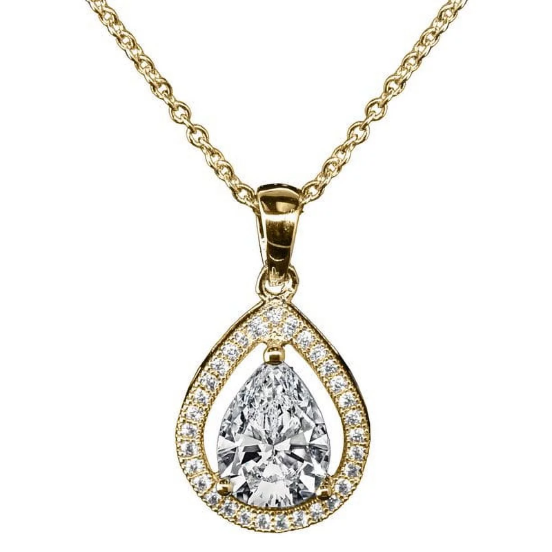 18k Plated Silver CZ Pendant Necklace - Halo Teardrop