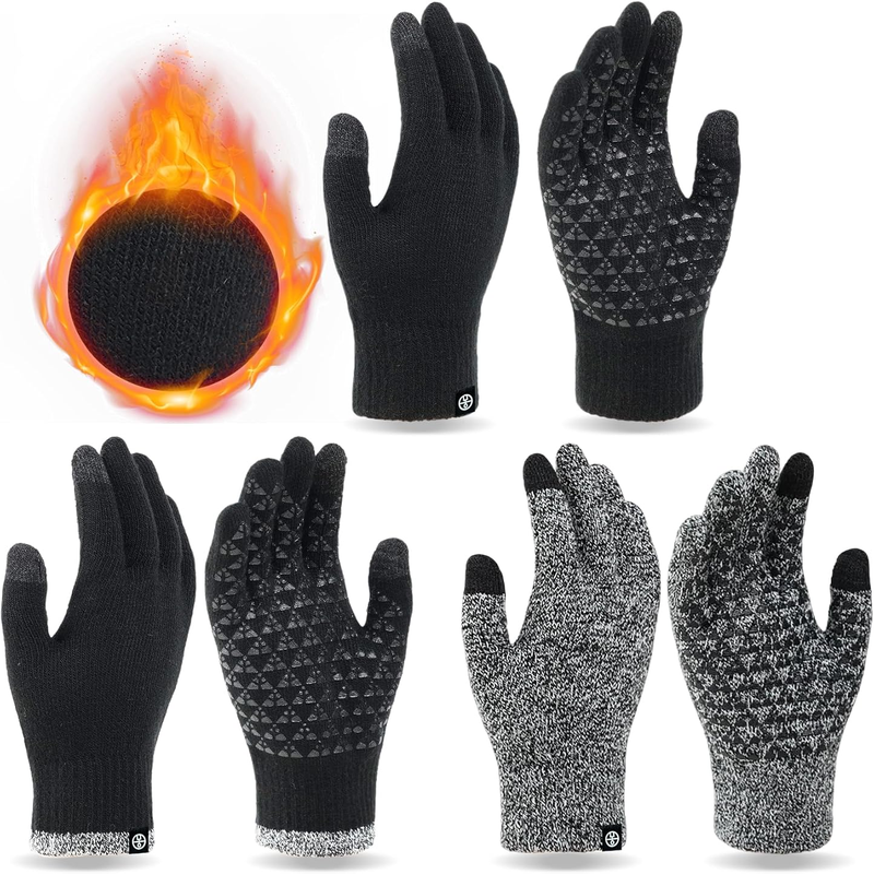 3 Pairs Winter Gloves - Touch Screen Elastic Knit Thermal Anti-Slip Gloves 