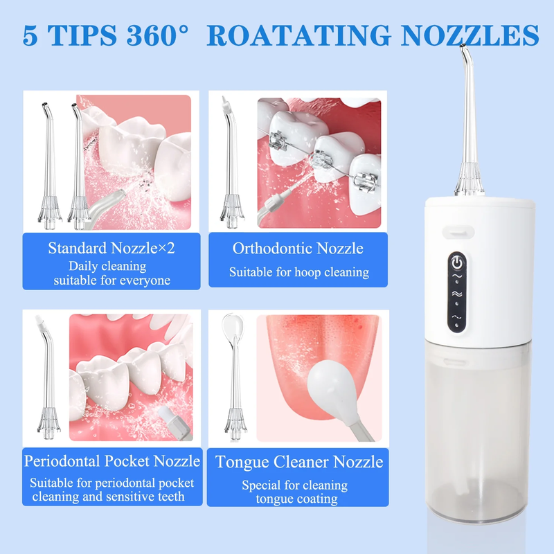 Portable Electric Water Flosser with 5 Jet Tips - Rechargeable Oral Irrigator 3 Modes & 280ml Water Tank