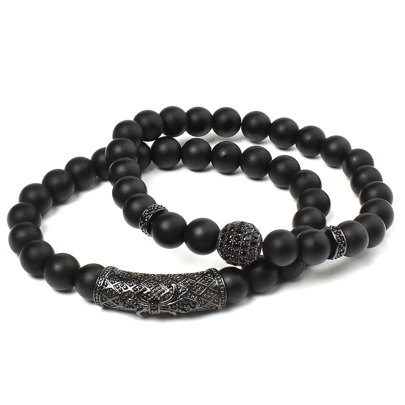 2 Piece 8mm Black Matte Beaded Stone Bracelet Set