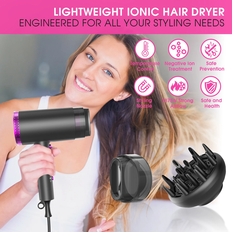 1875W Professional Ionic Hair Blow Dryer with 3 Heat Settings, 2 Speeds and Cool Settings