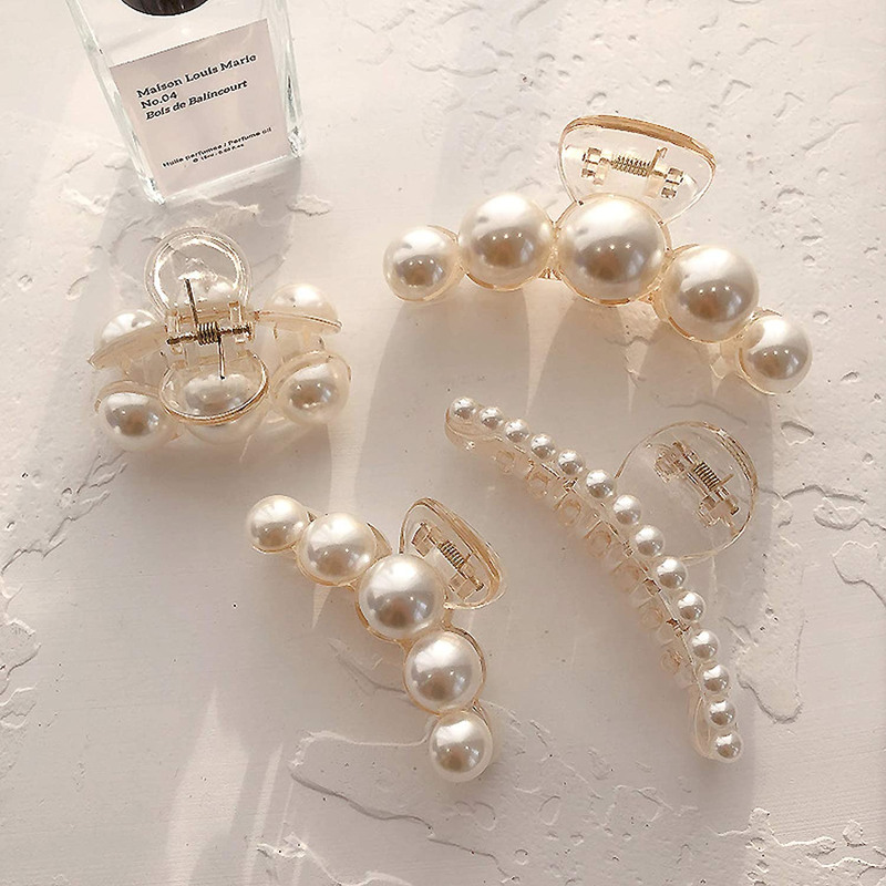 Pearl Hair Clips for Women - Large and Small Claw Clips with Strong Hold