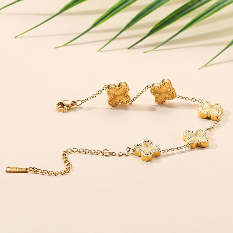 18K Gold Plated Bracelet Set - Gold/White/Black Clovers