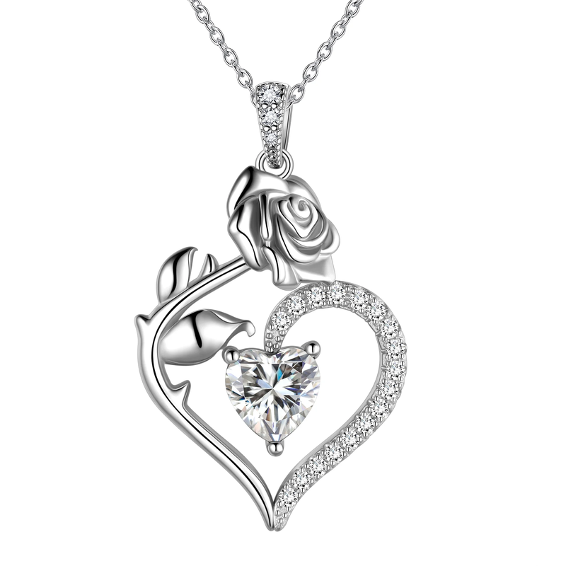 925 Sterling Silver Birthstone Necklace - Heart Rose Pendant