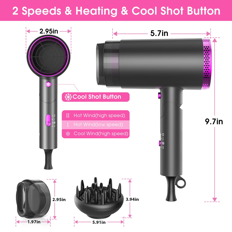 1875W Professional Ionic Hair Blow Dryer with 3 Heat Settings, 2 Speeds and Cool Settings