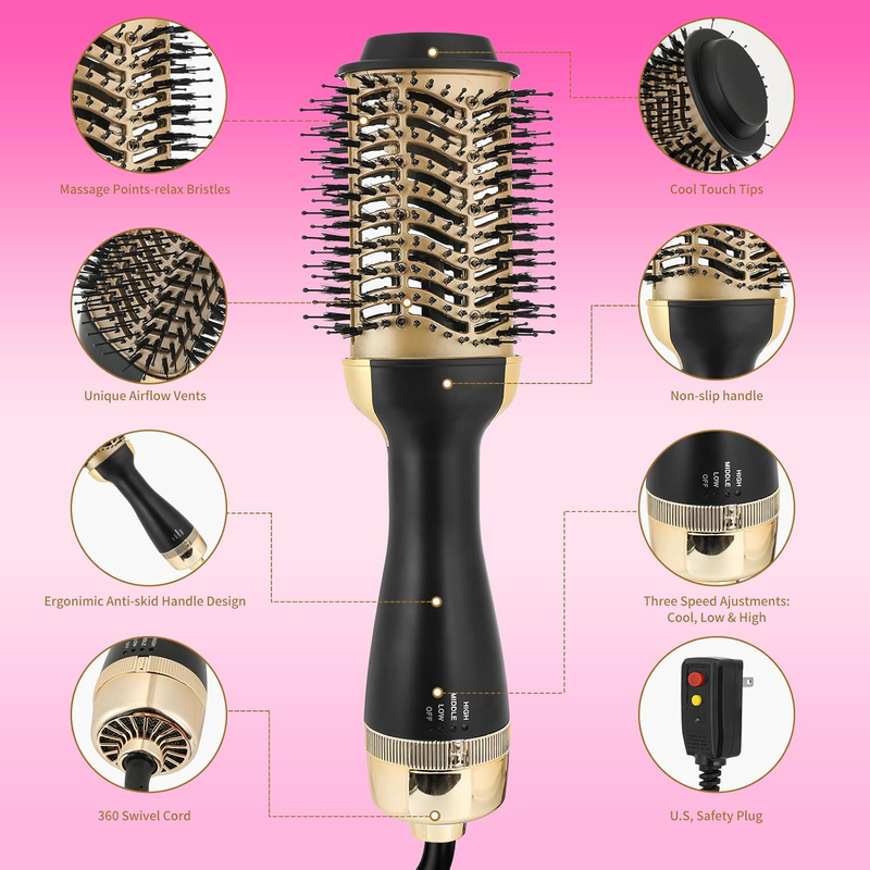 Hot Air Brush Dryer, Oval Brush for Blow Drying, Hair Dryer Brush One-Step Hot Air Styling Tools, 1000W, Ceramic Coating, 3 Heat Settings, 360 Swivel Cord, Black & Gold