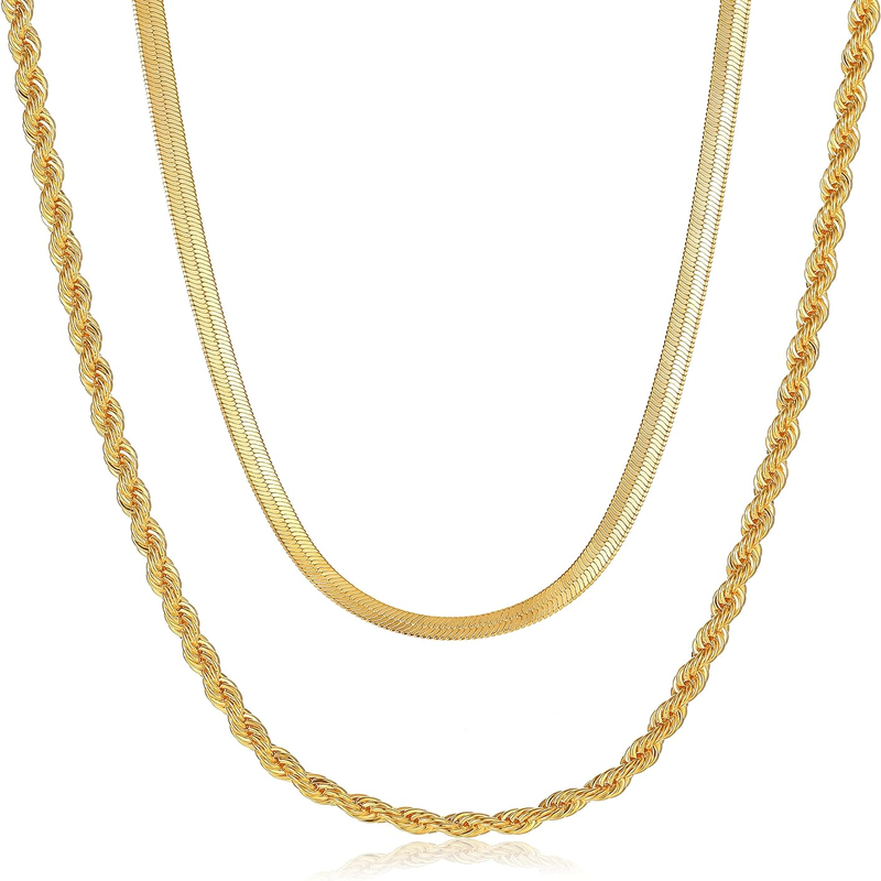 14K Gold/Silver Plated Necklaces -  Snake Chain, Herringbone, Rope or Layered