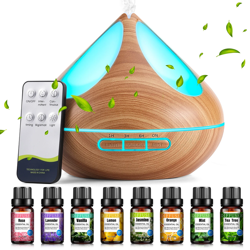 500ml Aromatherapy Essential Oil Diffuser Set with 8 Essential Oils 