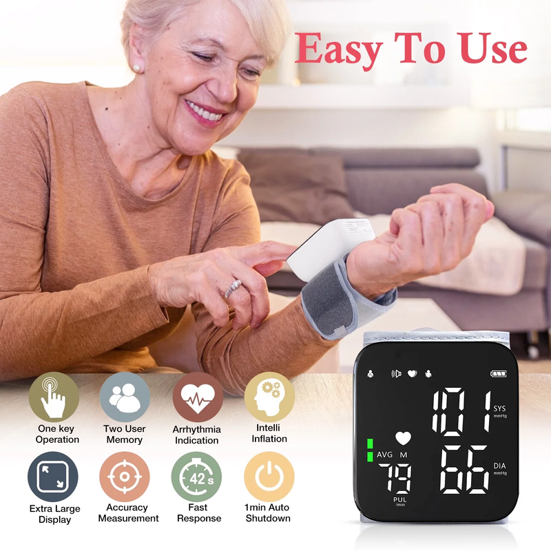 Blood Pressure Monitor, LCD Display - Automatic Voice Pulsometer Sphygmomanometer - Rechargeable 