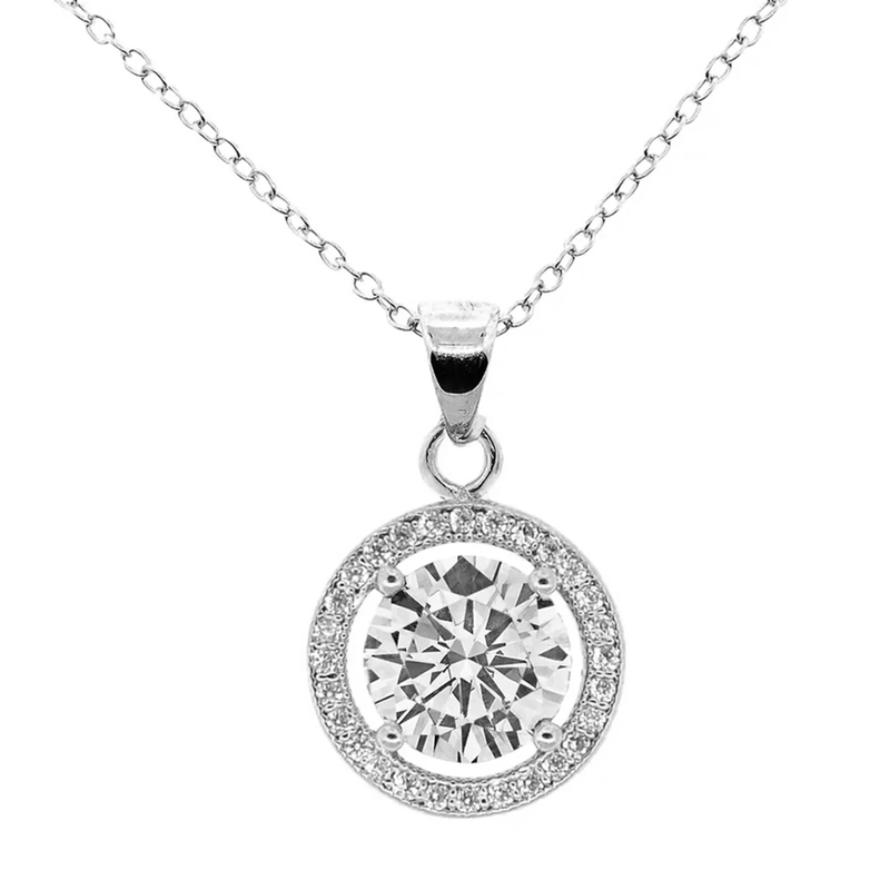 18k White Gold Plated Halo Pendant Necklace with Crystals