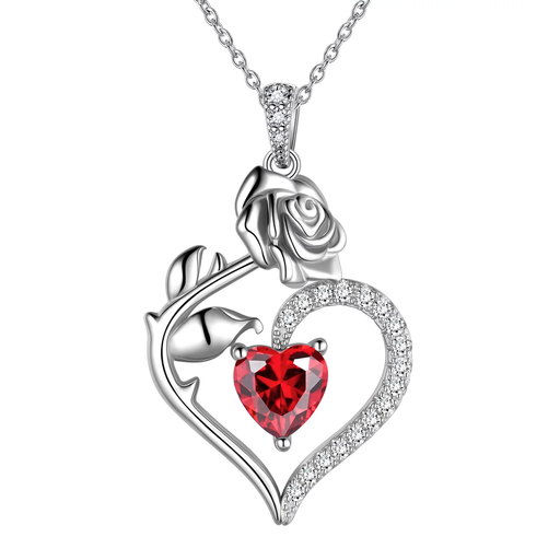 925 Sterling Silver Birthstone Necklace - Heart Rose Pendant