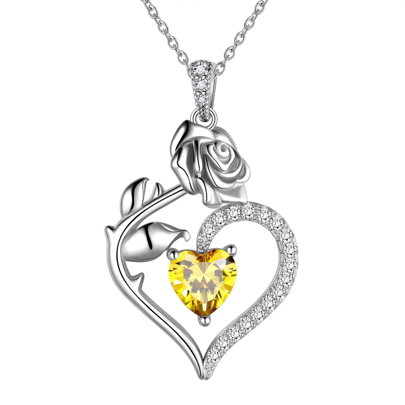 925 Sterling Silver Birthstone Necklace - Heart Rose Pendant