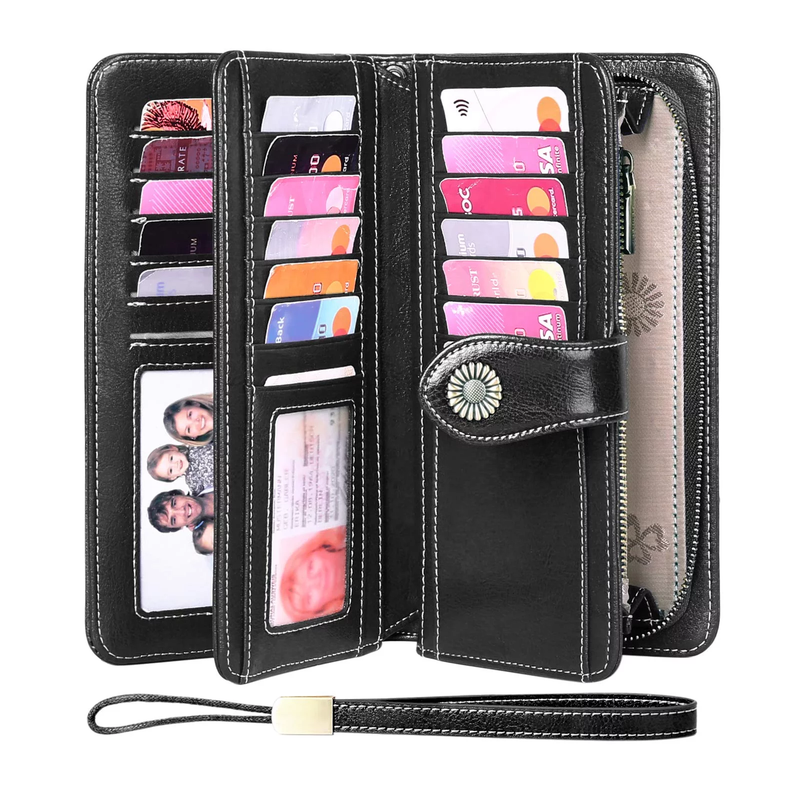 Genuine Leather RFID Blocking Wristlet Wallets-Large Capacity Trifold Wallet