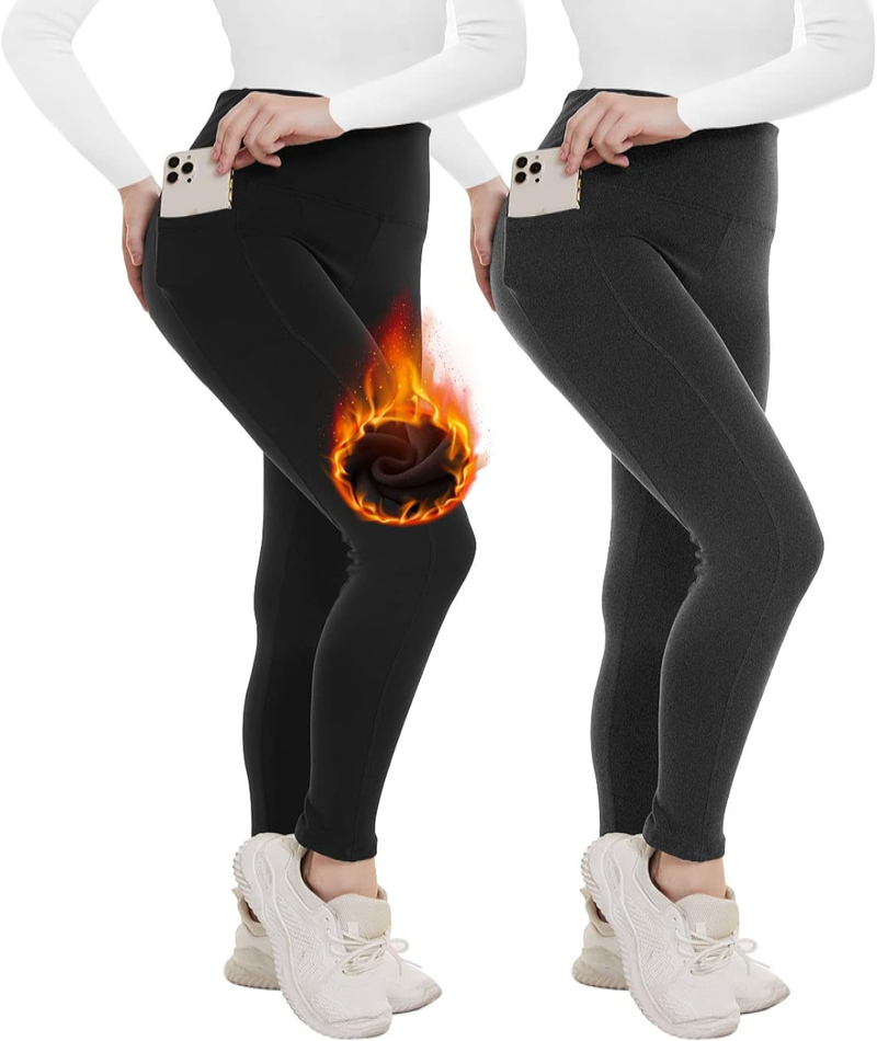 2 Pack Fleece Lined High Waisted Leggings for Women - Warm Winter Pants Tummy Control 