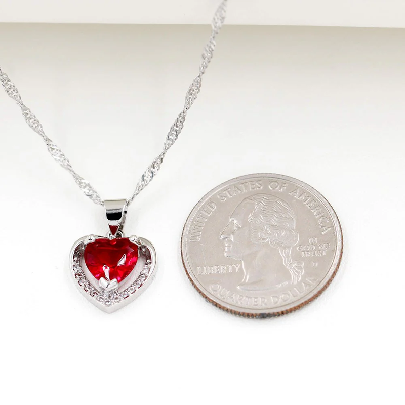Dainty Double Heart Pendant Necklace, Birthstone Heart Necklace