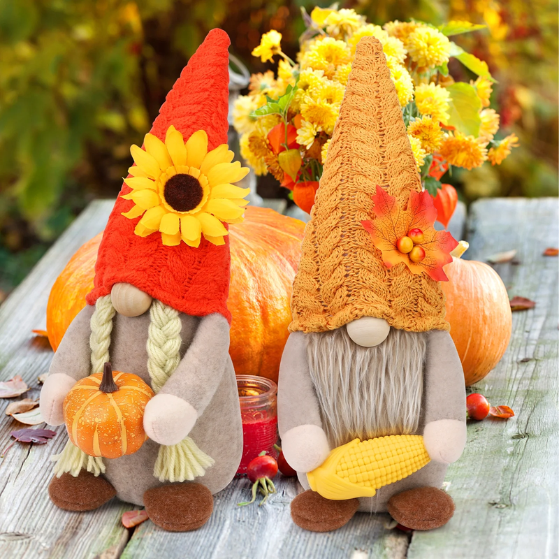 2 Pack Thanksgiving Gnomes  - Fall Decorations Gnomes Hold Pumpkin & Corn