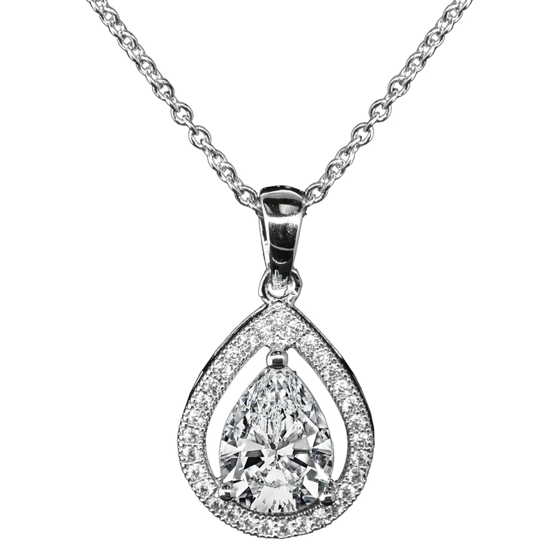 18k Plated Silver CZ Pendant Necklace - Halo Teardrop