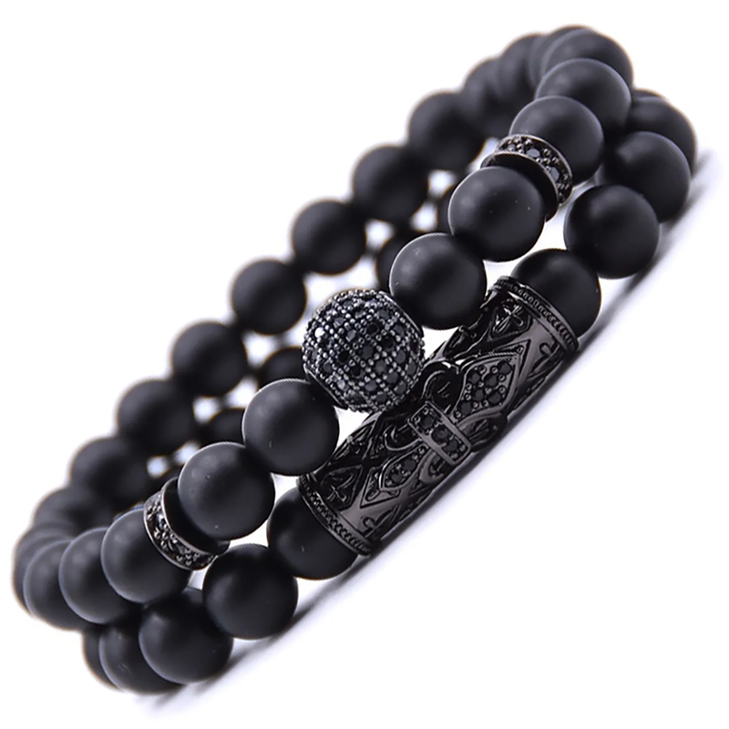 2 Piece 8mm Black Matte Beaded Stone Bracelet Set