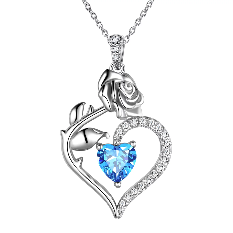 925 Sterling Silver Birthstone Necklace - Heart Rose Pendant